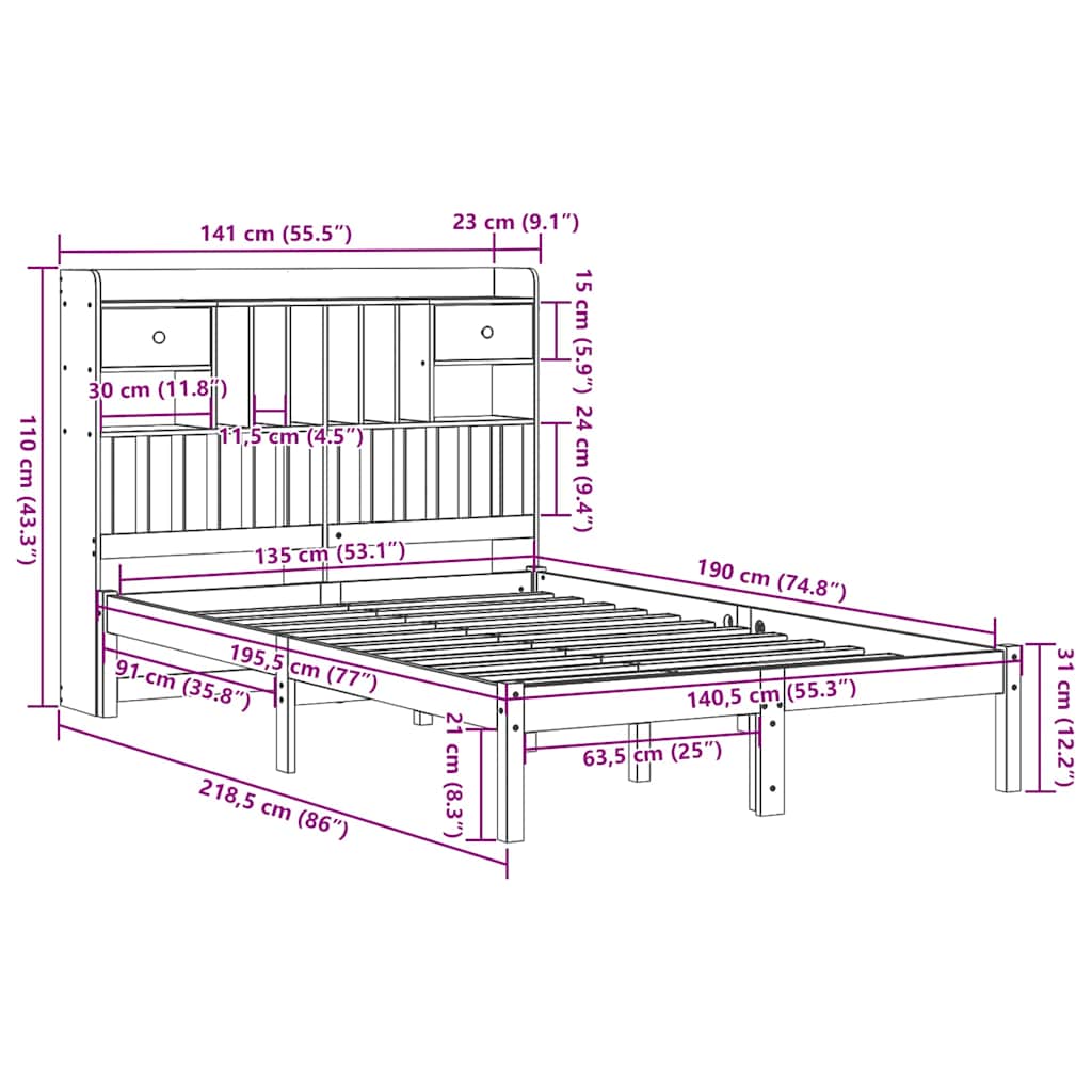 Bed met boekenkast zonder matras grenenhout wasbruin 135x190 cm is nu te koop bij PeponiXL, paradijselijk wonen!