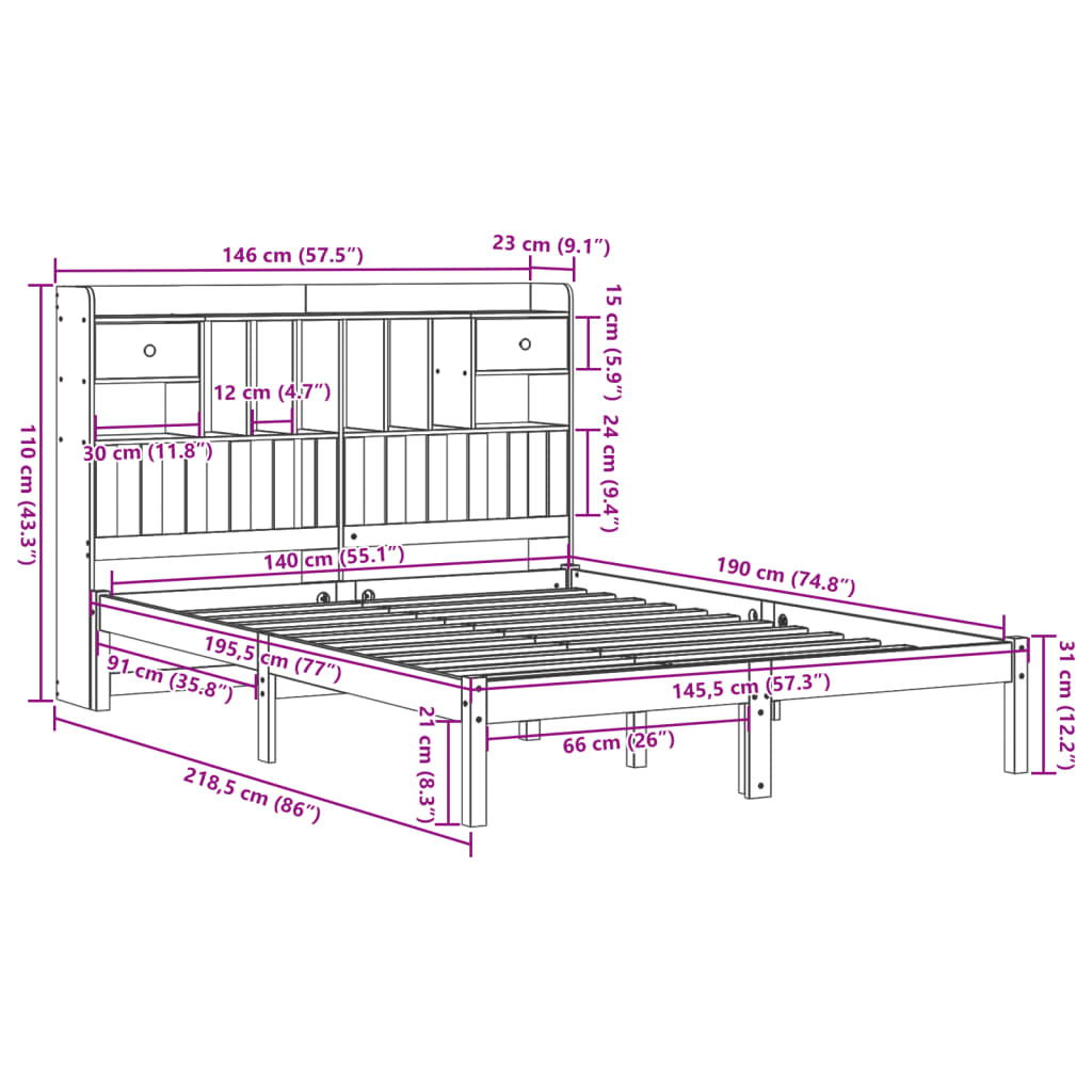 Bed met boekenkast zonder matras grenenhout wasbruin 140x190 cm is nu te koop bij PeponiXL, paradijselijk wonen!