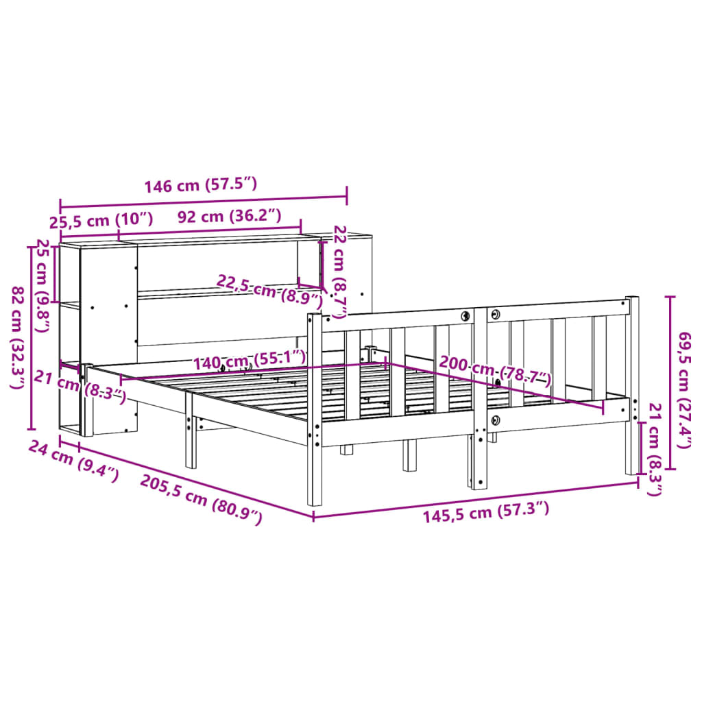 Bed met boekenkast zonder matras massief grenenhout 140x200 cm