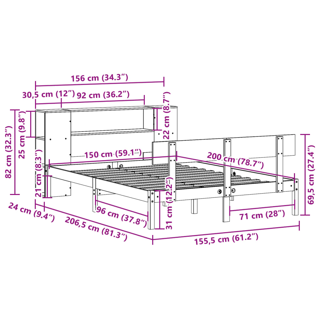 Bed met boekenkast zonder matras grenenhout wit 150x200 cm is nu te koop bij PeponiXL, paradijselijk wonen!