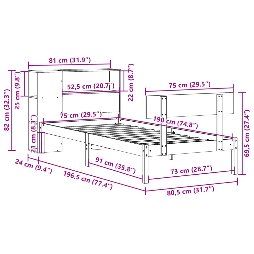 Bed met boekenkast zonder matras grenenhout wit 75x190 cm is nu te koop bij PeponiXL, paradijselijk wonen!