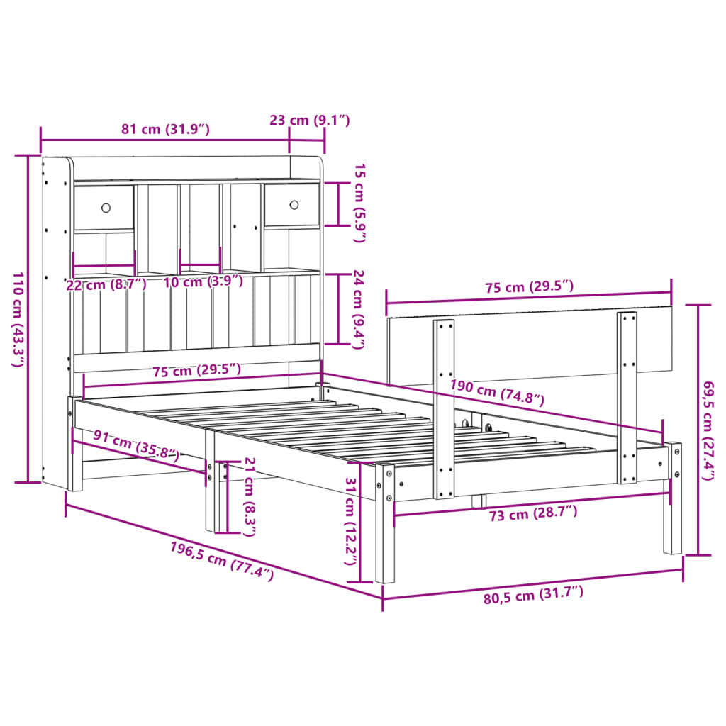 Bed met boekenkast zonder matras grenenhout wit 75x190 cm is nu te koop bij PeponiXL, paradijselijk wonen!