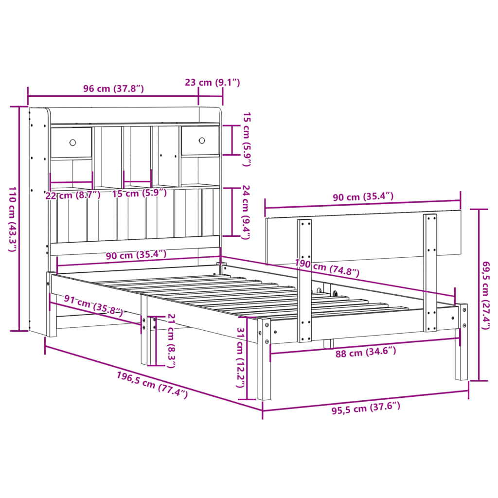 Bed met boekenkast zonder matras grenenhout wit 90x190 cm is nu te koop bij PeponiXL, paradijselijk wonen!