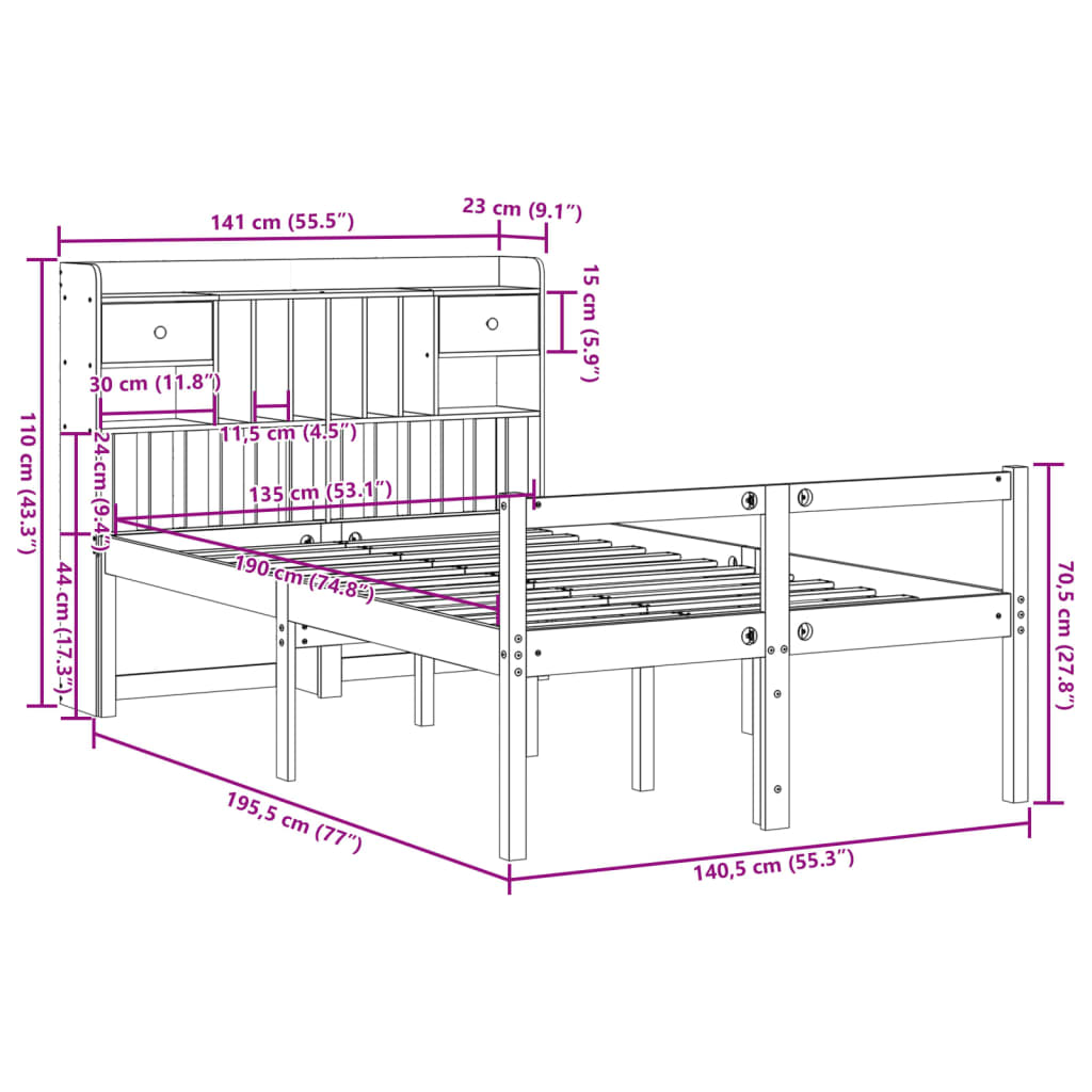 Bed met boekenkast zonder matras massief grenenhout 135x190 cm is nu te koop bij PeponiXL, paradijselijk wonen!