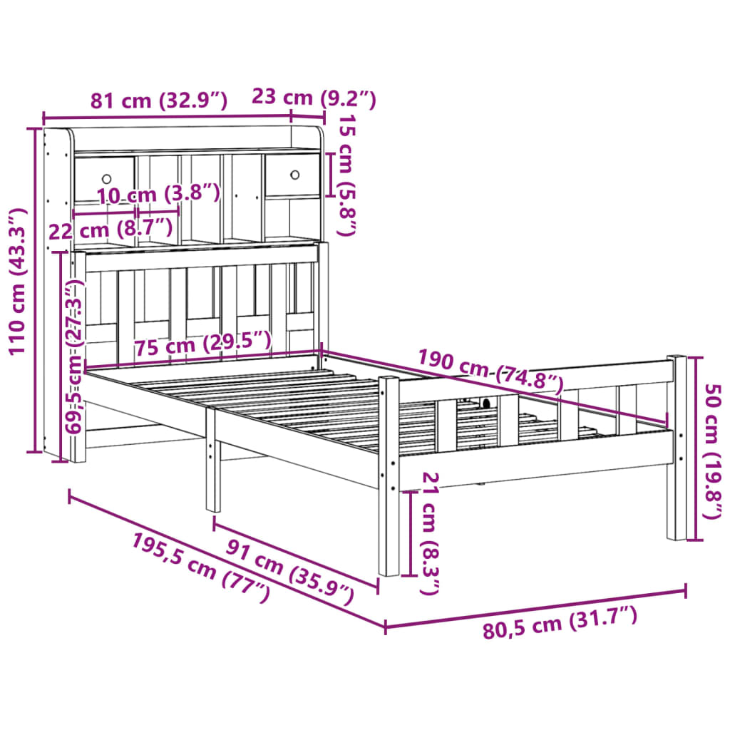 Bed met boekenkast zonder matras grenenhout wasbruin 75x190 cm is nu te koop bij PeponiXL, paradijselijk wonen!