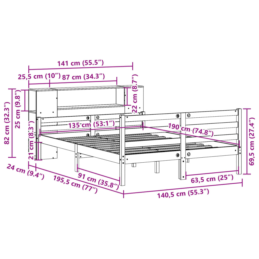 Bed met boekenkast zonder matras massief grenenhout 135x190 cm is nu te koop bij PeponiXL, paradijselijk wonen!