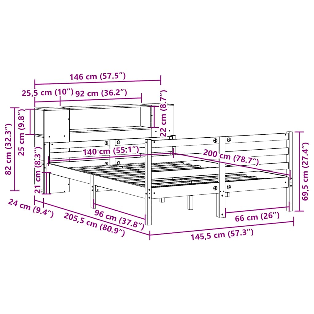 Bed met boekenkast zonder matras massief grenenhout 140x200 cm