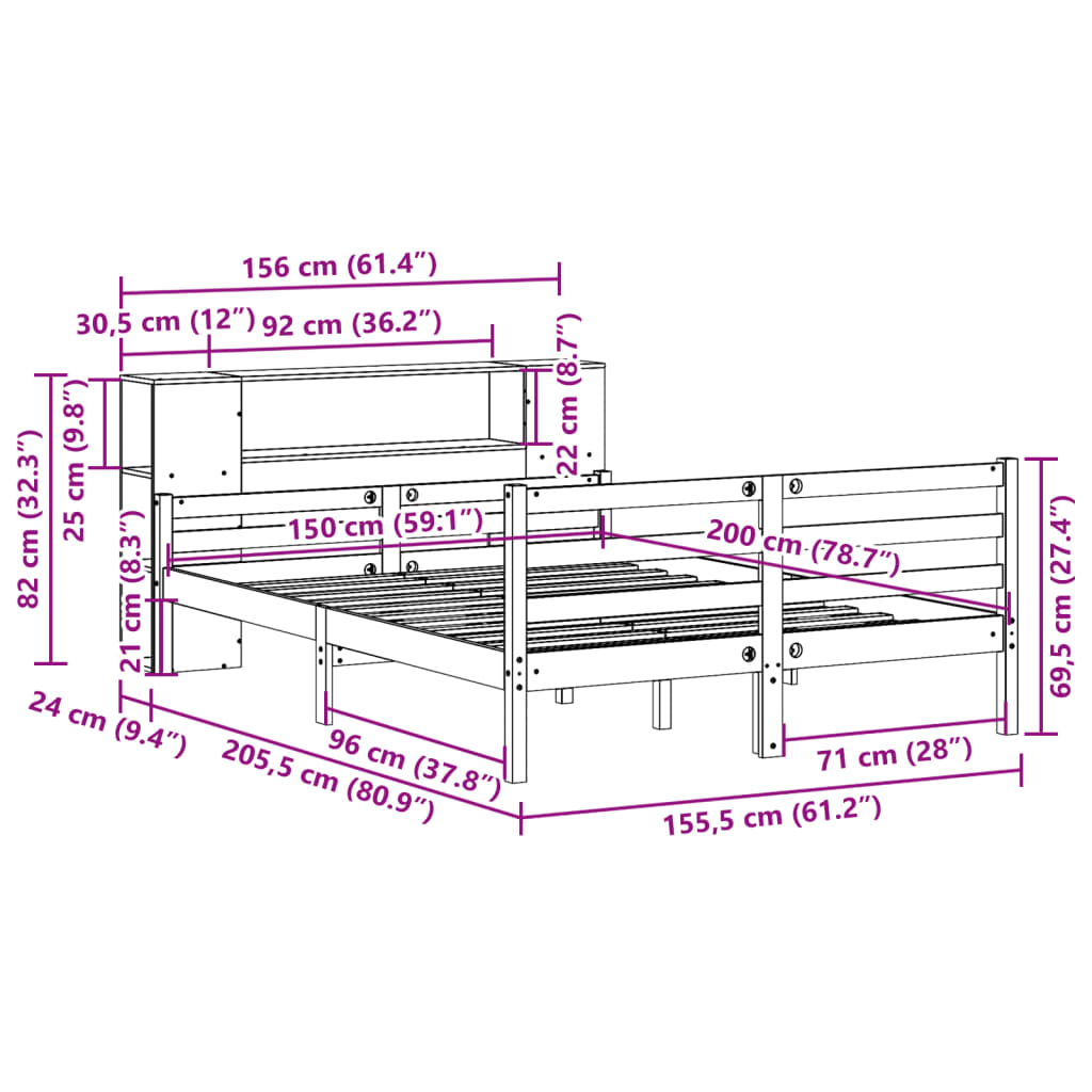 Bed met boekenkast zonder matras massief grenenhout 150x200 cm