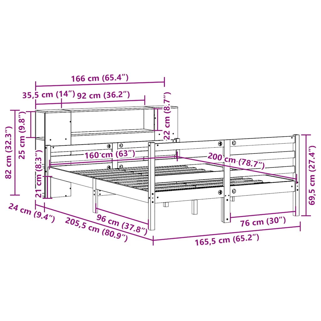 Bed met boekenkast zonder matras massief grenenhout 160x200 cm