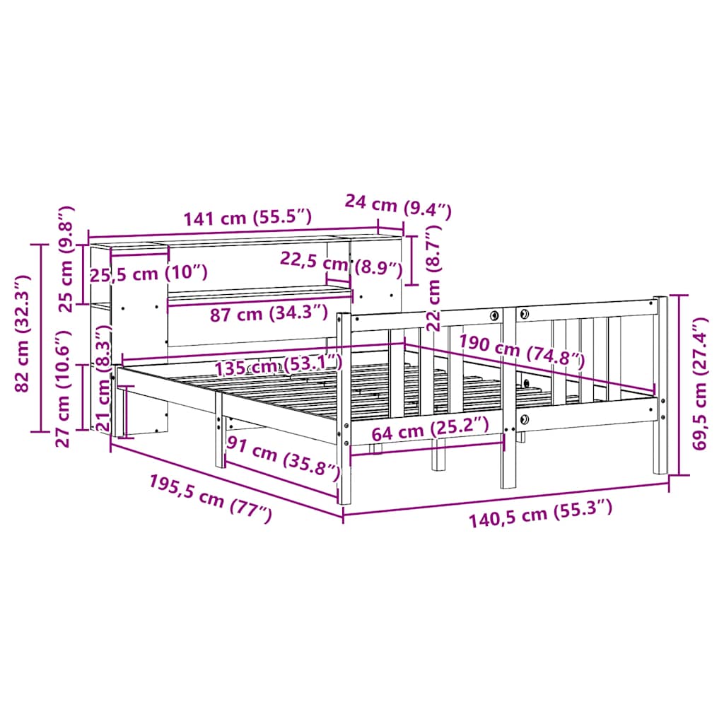 Bed met boekenkast zonder matras massief grenenhout 135x190 cm is nu te koop bij PeponiXL, paradijselijk wonen!