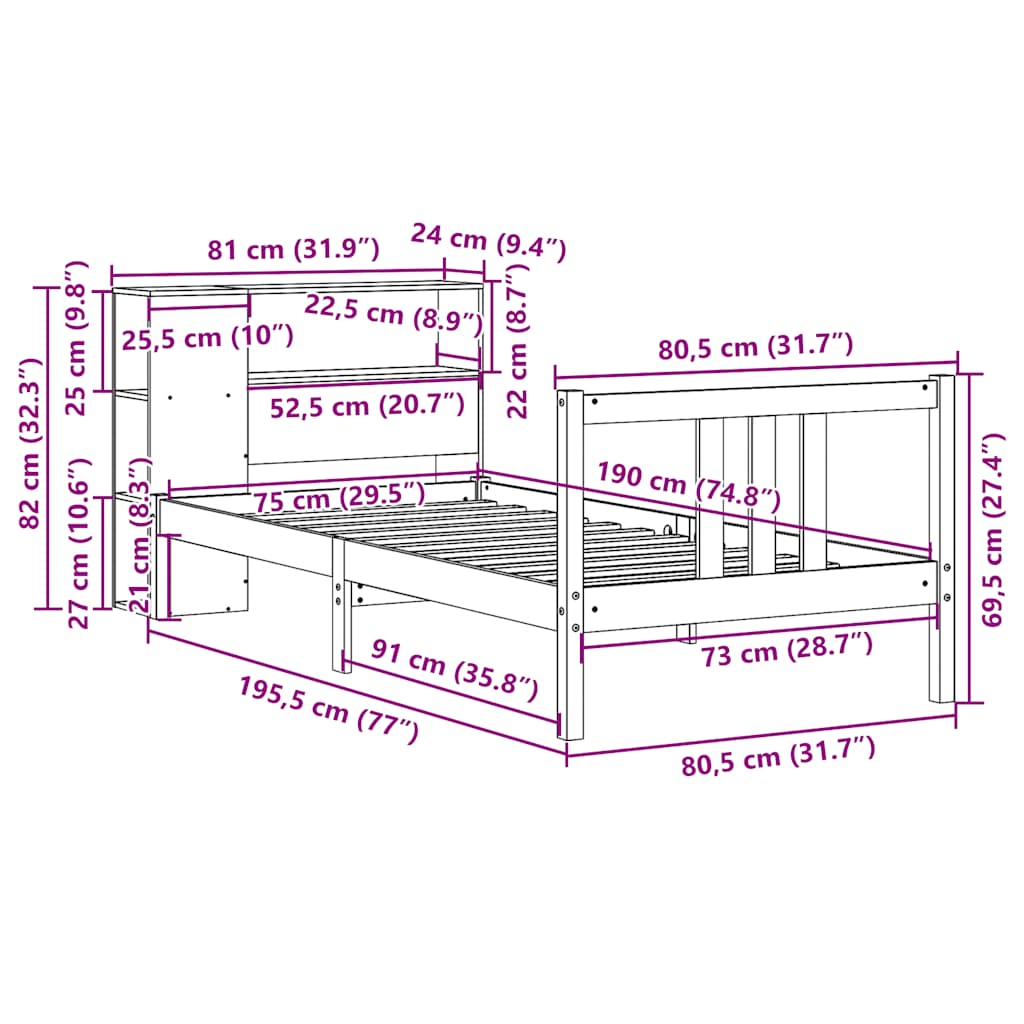 Bed met boekenkast zonder matras massief grenenhout 75x190 cm is nu te koop bij PeponiXL, paradijselijk wonen!