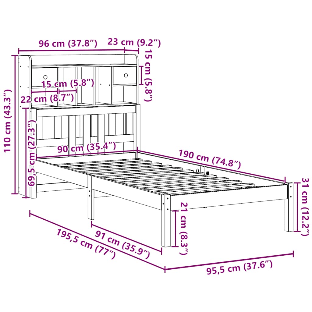 Bed met boekenkast zonder matras massief grenenhout 90x190 cm is nu te koop bij PeponiXL, paradijselijk wonen!
