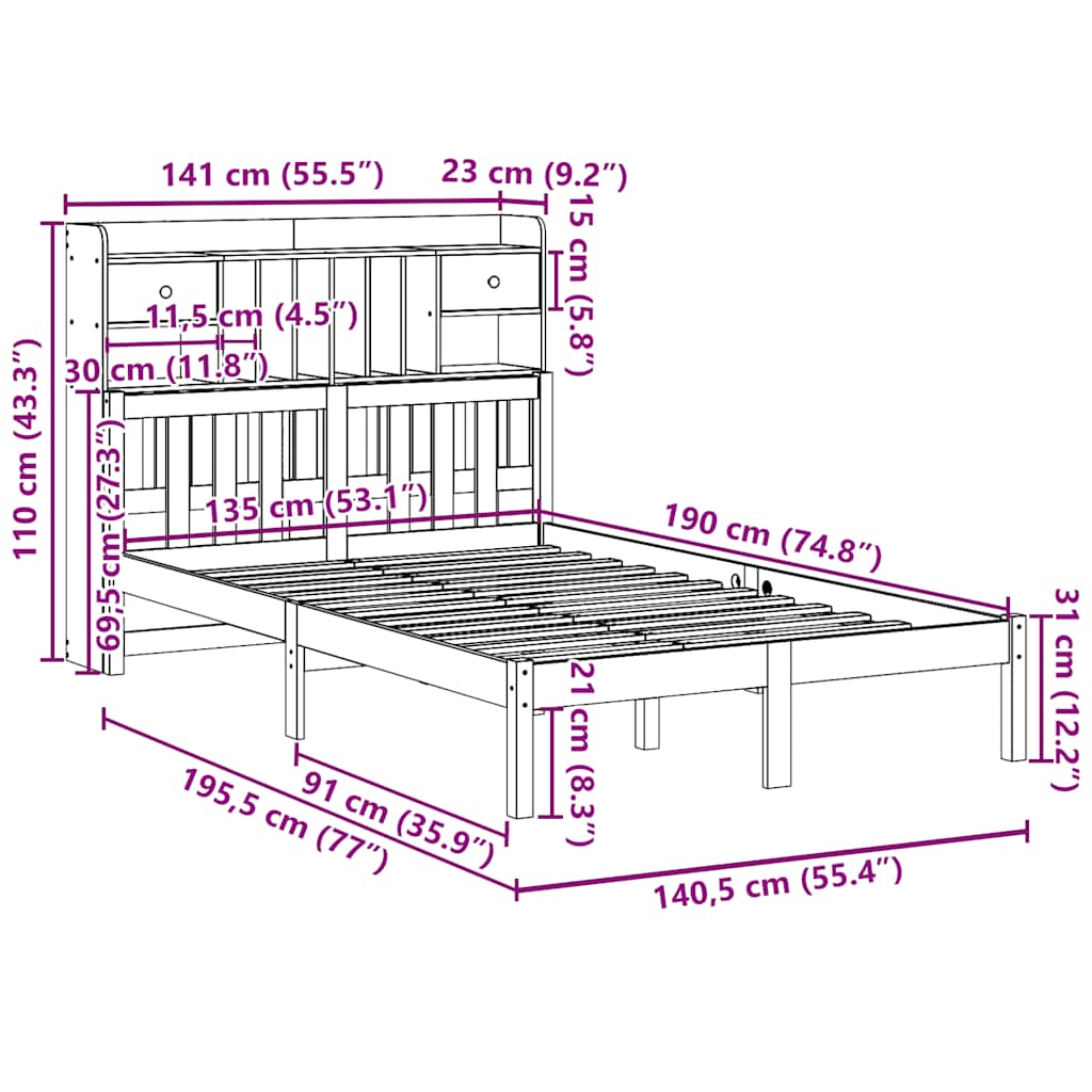 Bed met boekenkast zonder matras massief grenenhout 135x190 cm is nu te koop bij PeponiXL, paradijselijk wonen!