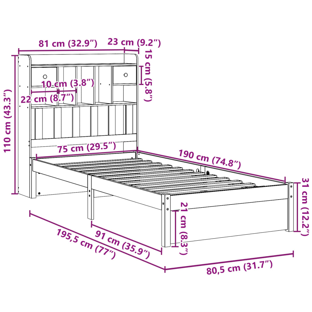 Bed met boekenkast zonder matras massief grenenhout 75x190 cm is nu te koop bij PeponiXL, paradijselijk wonen!
