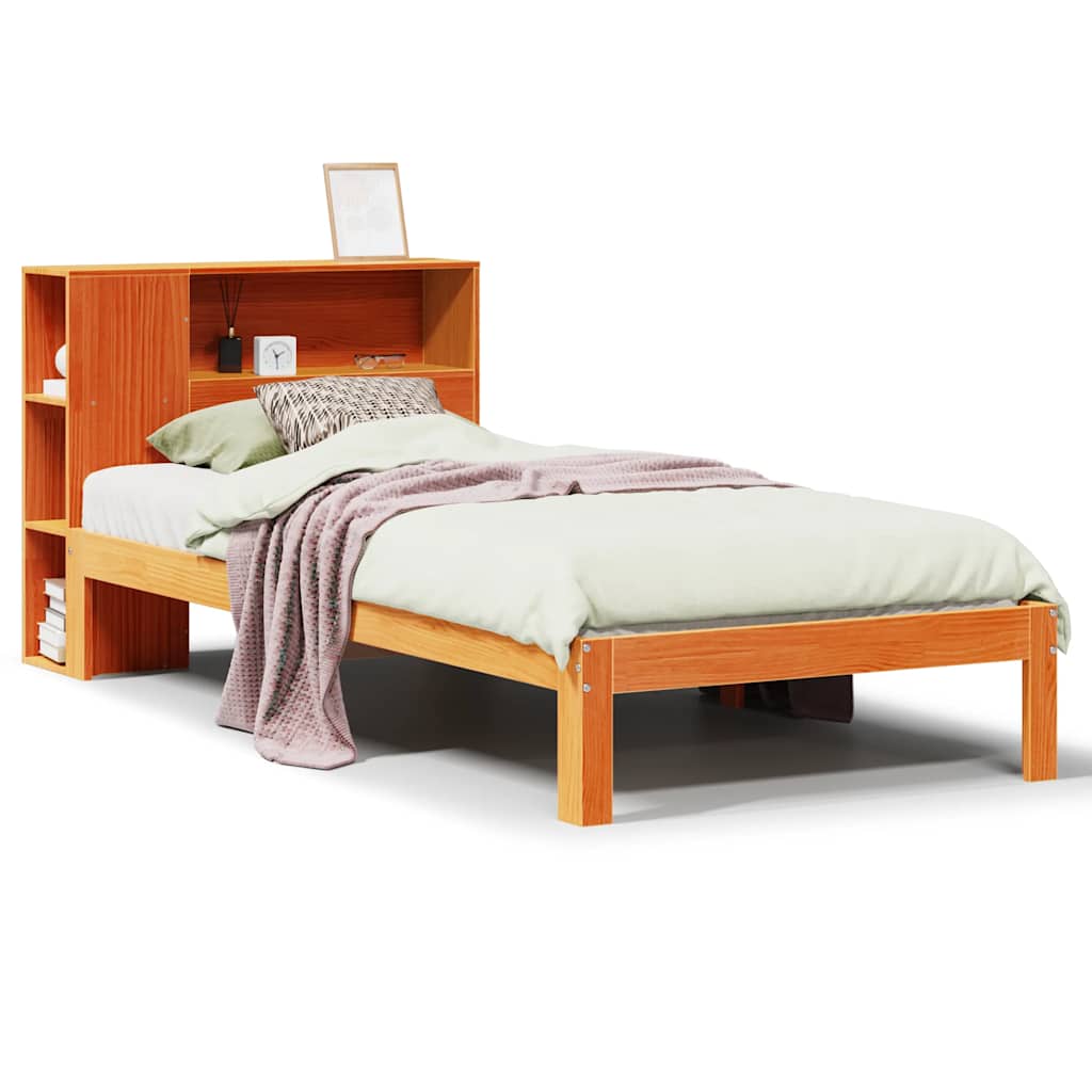 Bed met boekenkast zonder matras grenenhout wasbruin 75x190 cm