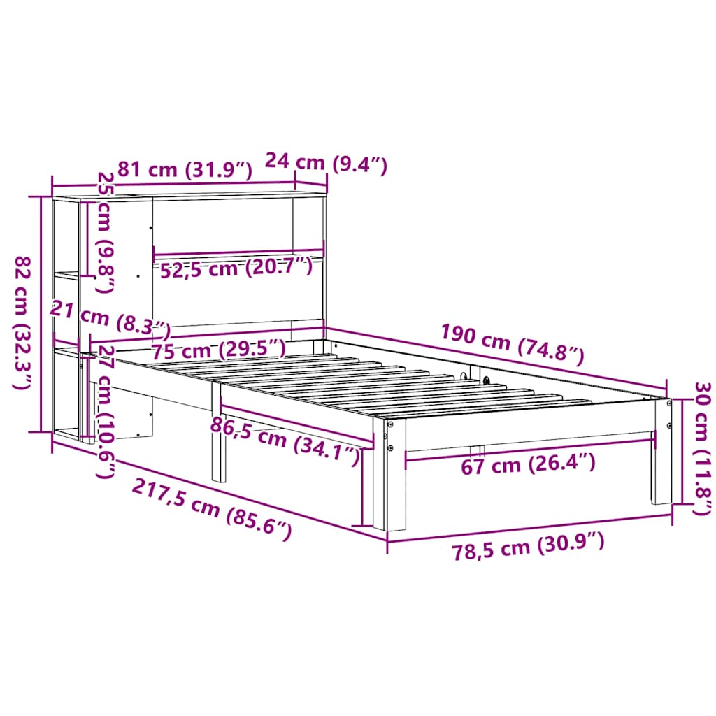 Bed met boekenkast zonder matras grenenhout wasbruin 75x190 cm