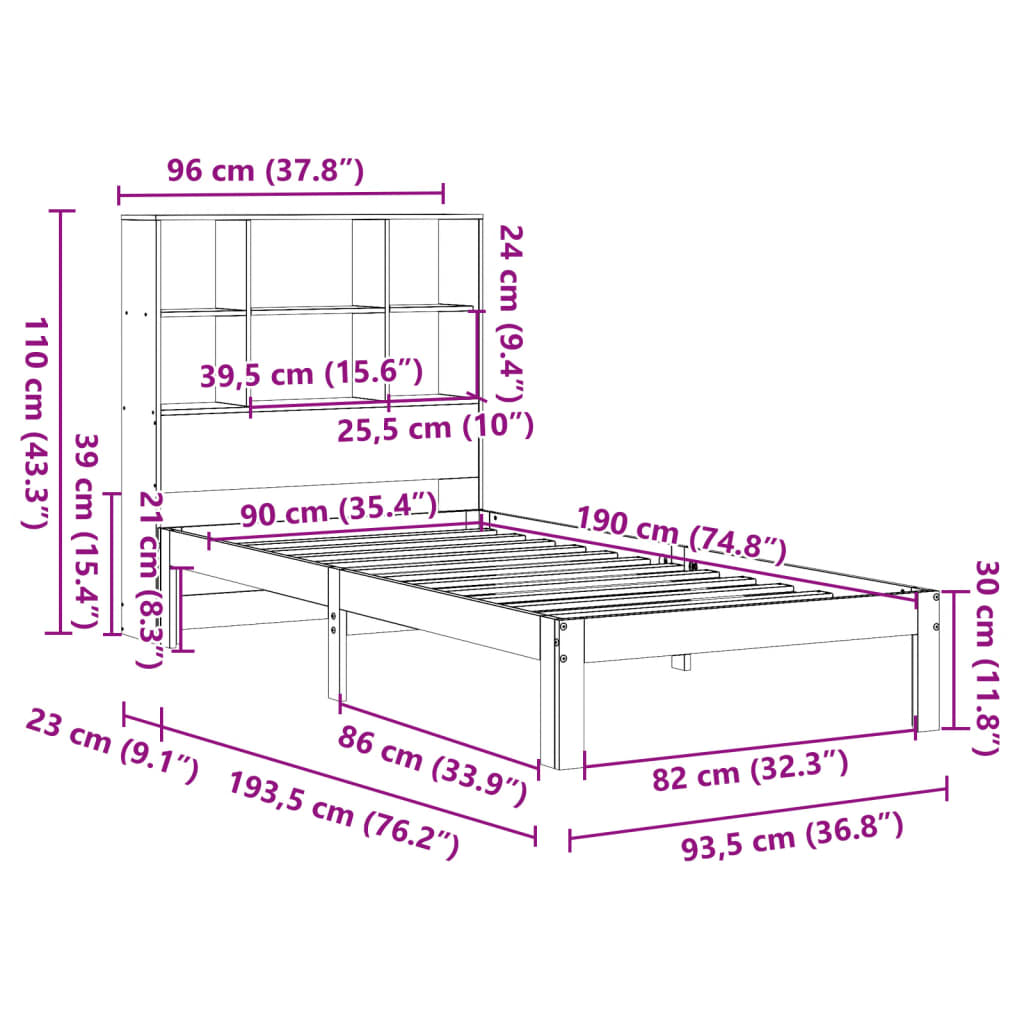 Bed met boekenkast zonder matras massief grenenhout 90x190 cm
