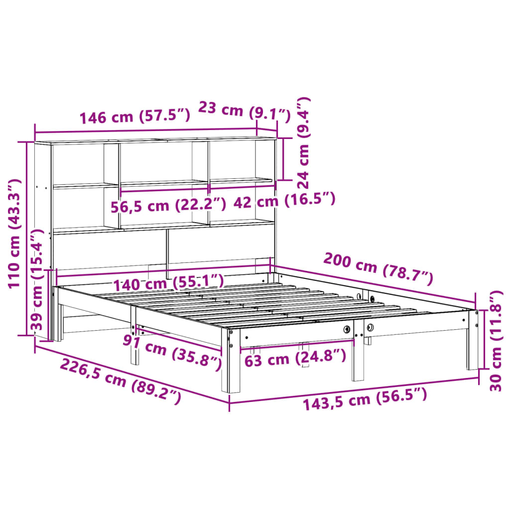 Bed met boekenkast zonder matras massief grenenhout 140x200 cm