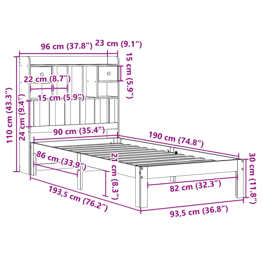 Bed met boekenkast zonder matras massief grenenhout 90x190 cm is nu te koop bij PeponiXL, paradijselijk wonen!