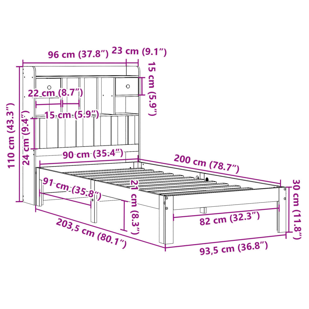 Bed met boekenkast zonder matras massief grenenhout 90x200 cm is nu te koop bij PeponiXL, paradijselijk wonen!