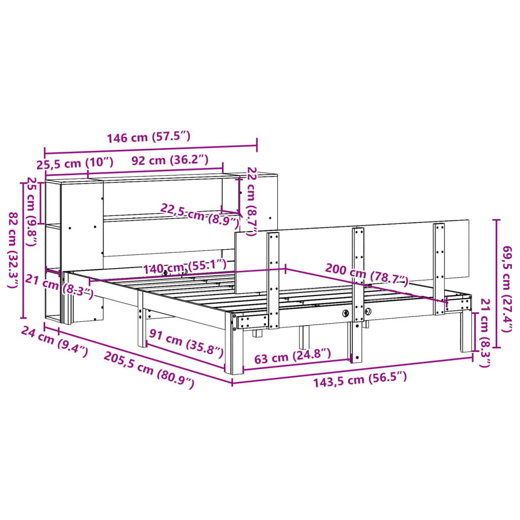 Bed met boekenkast zonder matras massief grenenhout 140x200 cm