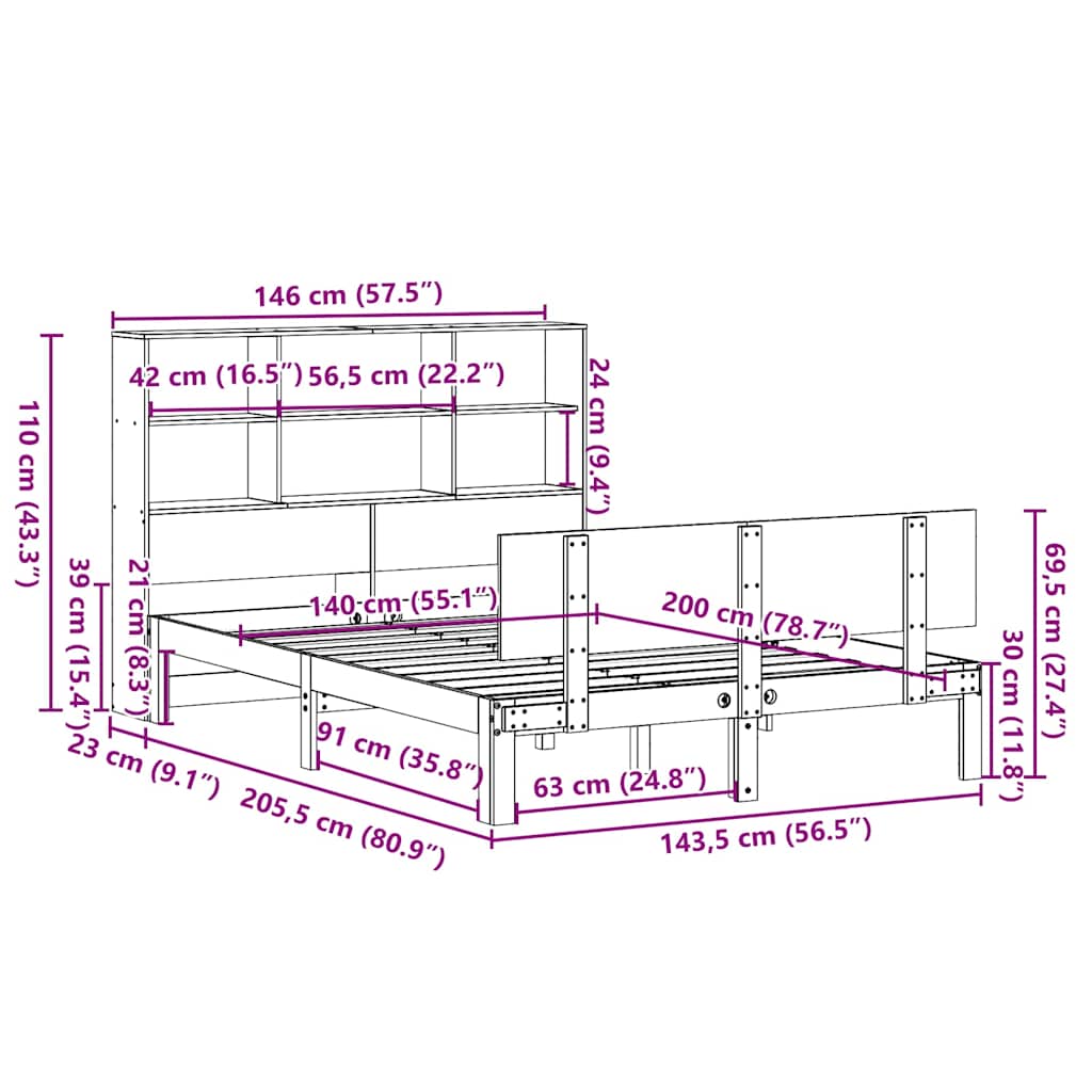 Bed met boekenkast zonder matras massief grenenhout 140x200 cm