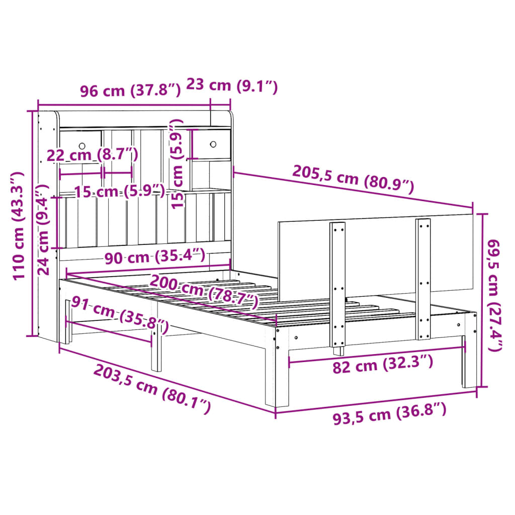 Bed met boekenkast zonder matras grenenhout wit 90x200 cm is nu te koop bij PeponiXL, paradijselijk wonen!