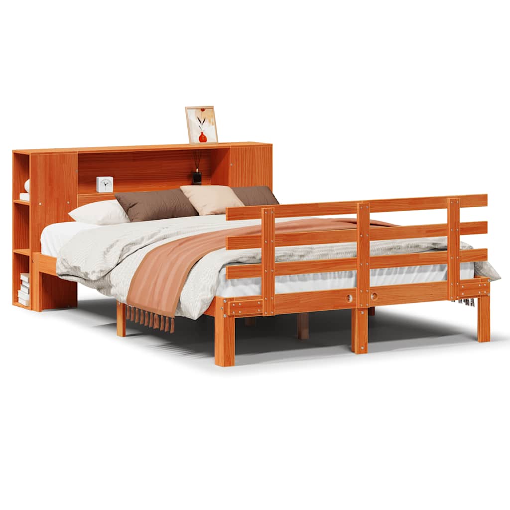 Bed met boekenkast zonder matras grenenhout wasbruin 150x200 cm