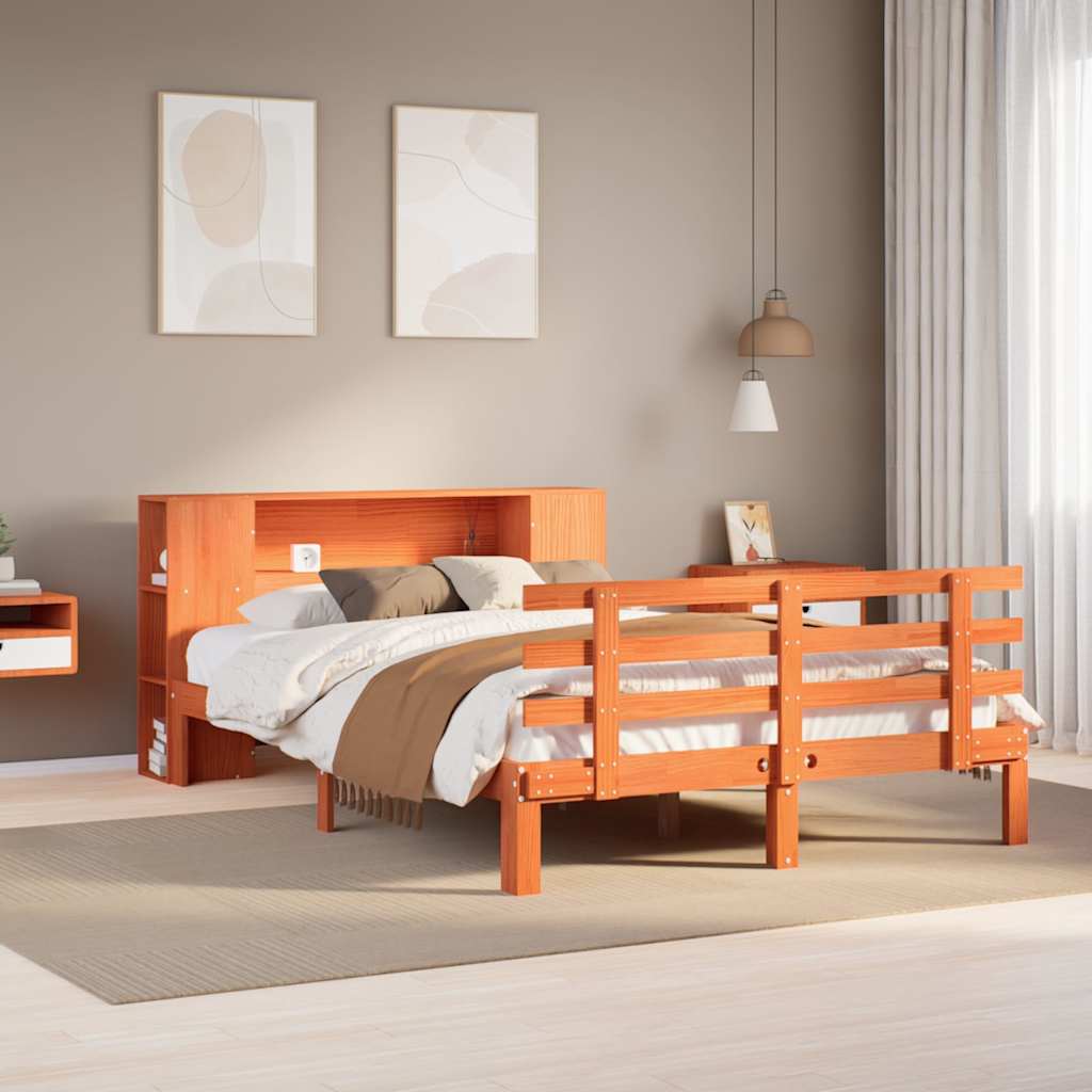 Bed met boekenkast zonder matras grenenhout wasbruin 150x200 cm