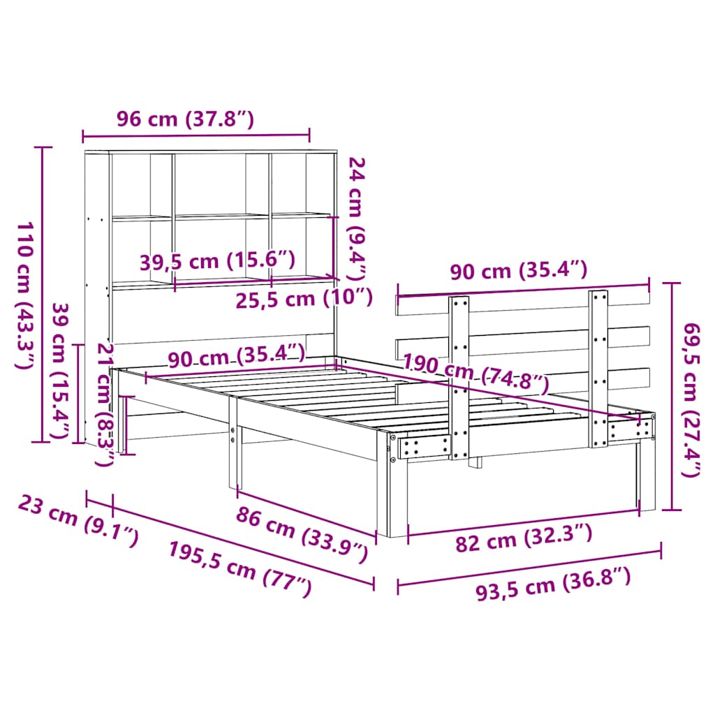 Bed met boekenkast zonder matras massief grenenhout 90x190 cm is nu te koop bij PeponiXL, paradijselijk wonen!