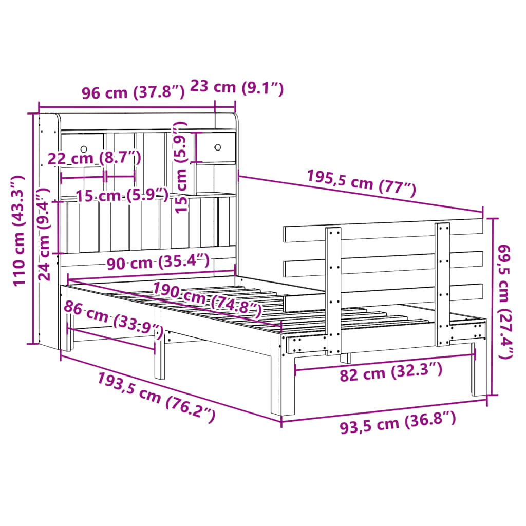 Bed met boekenkast zonder matras grenenhout wit 90x190 cm is nu te koop bij PeponiXL, paradijselijk wonen!