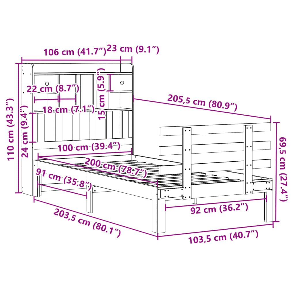 Bed met boekenkast zonder matras massief grenenhout 100x200 cm is nu te koop bij PeponiXL, paradijselijk wonen!
