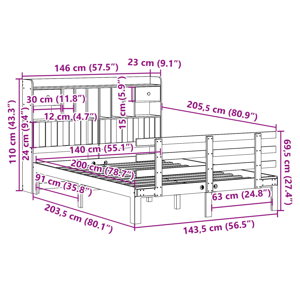 Bed met boekenkast zonder matras massief grenenhout 140x200 cm is nu te koop bij PeponiXL, paradijselijk wonen!