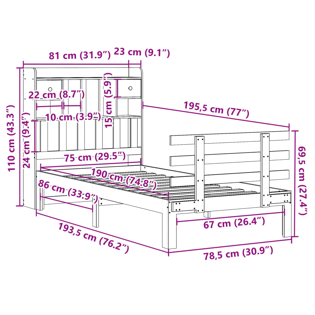 Bed met boekenkast zonder matras grenenhout wasbruin 75x190 cm is nu te koop bij PeponiXL, paradijselijk wonen!