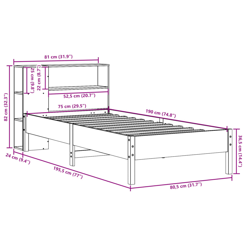 Bed met boekenkast zonder matras massief grenenhout 75x190 cm is nu te koop bij PeponiXL, paradijselijk wonen!