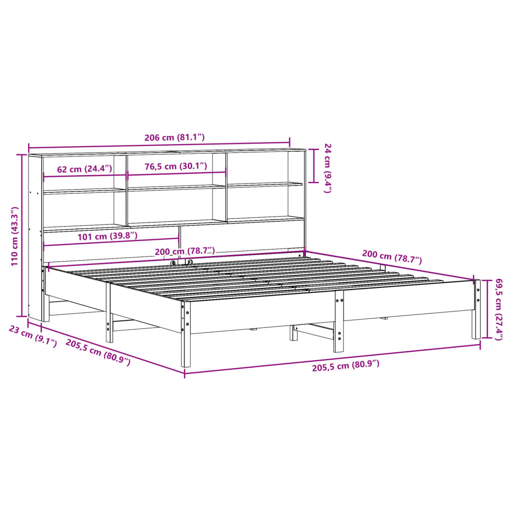 Bed met boekenkast zonder matras grenenhout wasbruin 200x200 cm is nu te koop bij PeponiXL, paradijselijk wonen!