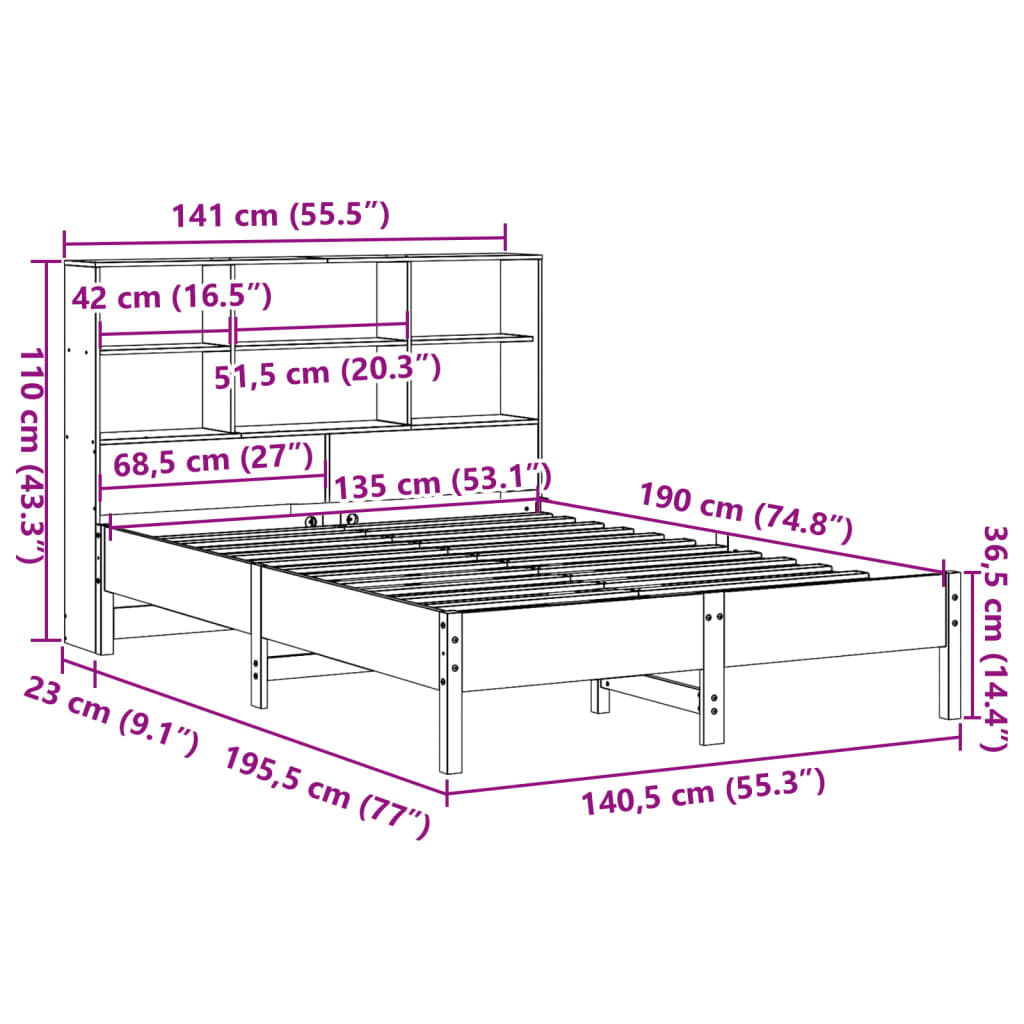 Bed met boekenkast zonder matras grenenhout wasbruin 135x190 cm is nu te koop bij PeponiXL, paradijselijk wonen!