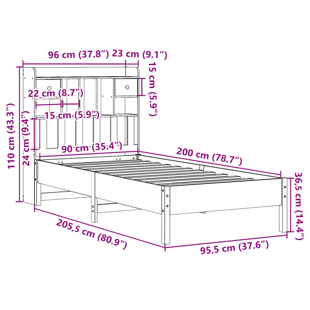 Bed met boekenkast zonder matras massief grenenhout 90x200 cm is nu te koop bij PeponiXL, paradijselijk wonen!