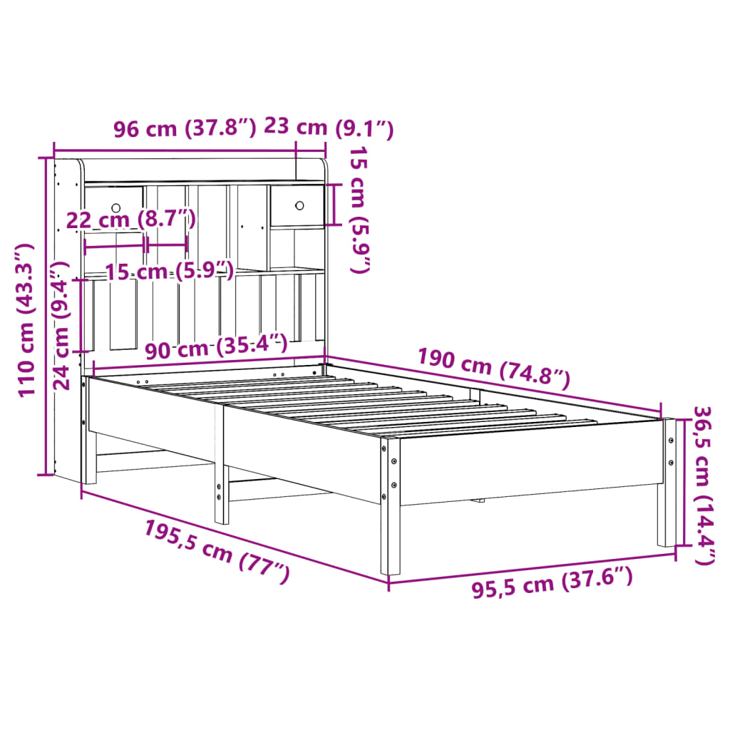 Bed met boekenkast zonder matras massief grenenhout 90x190 cm is nu te koop bij PeponiXL, paradijselijk wonen!