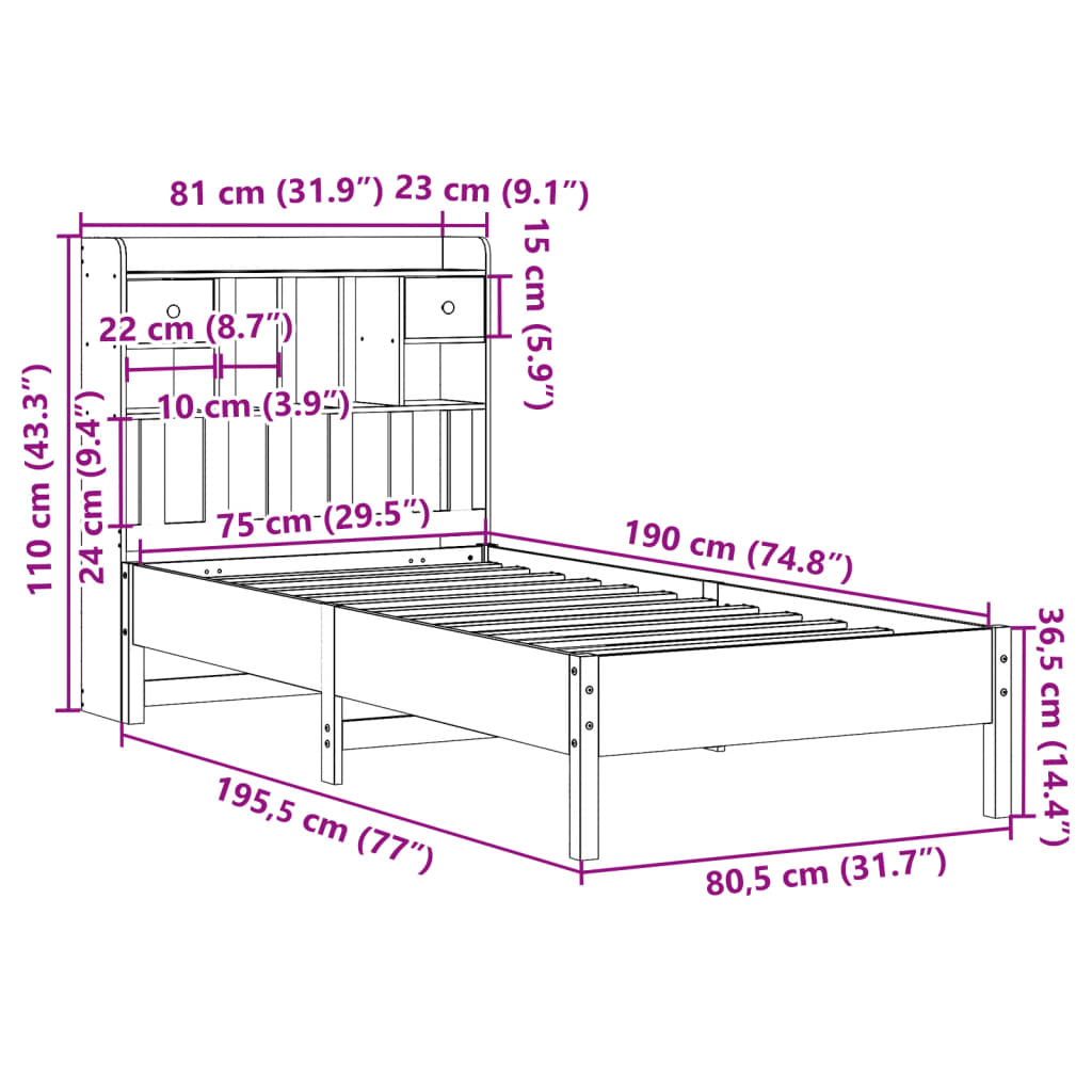 Bed met boekenkast zonder matras massief grenenhout 75x190 cm is nu te koop bij PeponiXL, paradijselijk wonen!