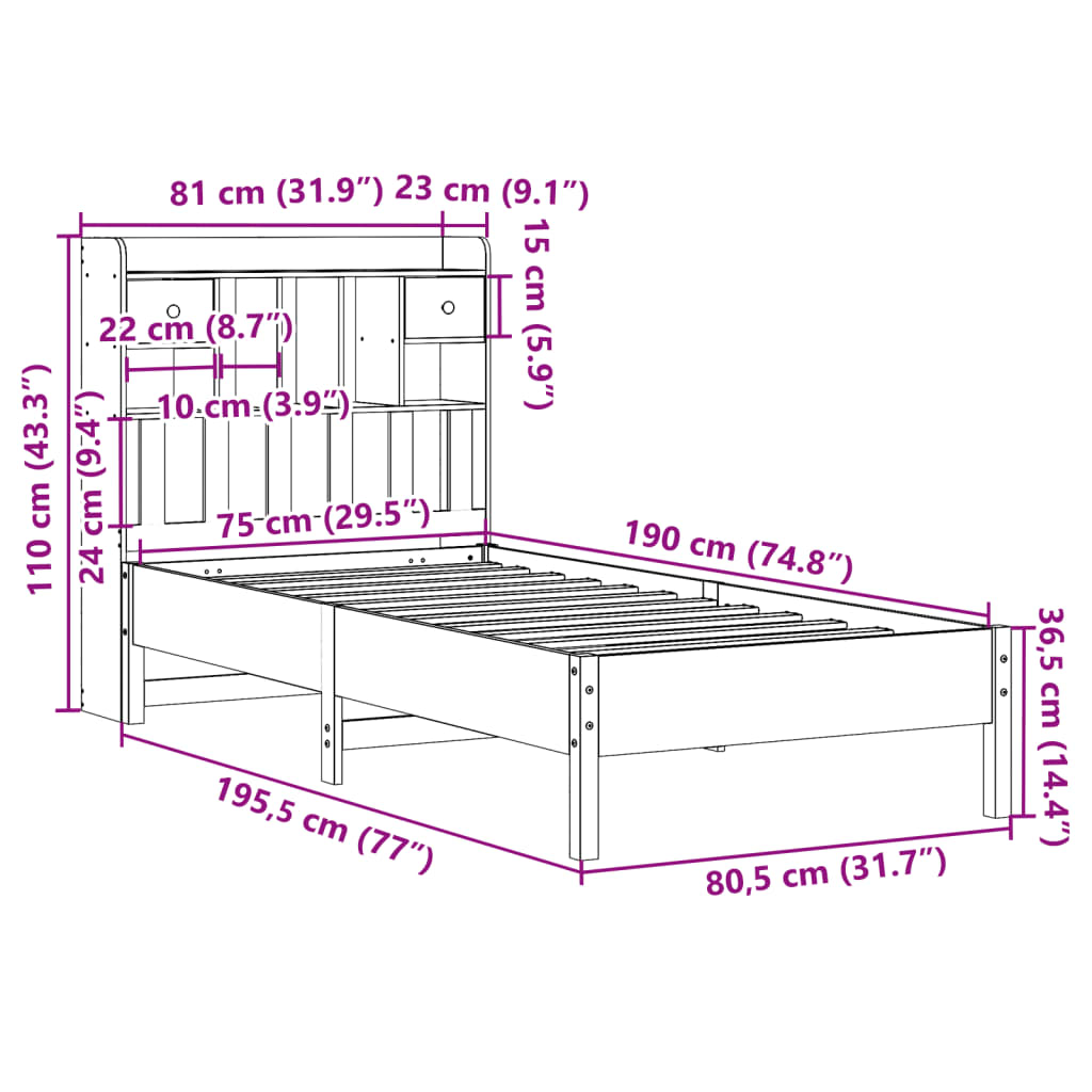 Bed met boekenkast zonder matras grenenhout wasbruin 75x190 cm is nu te koop bij PeponiXL, paradijselijk wonen!