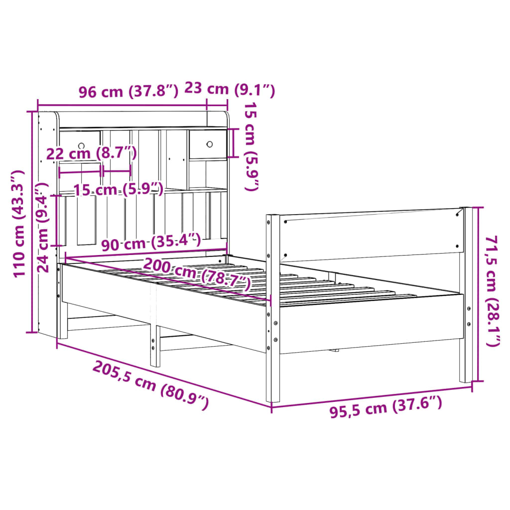 Bed met boekenkast zonder matras massief grenenhout 90x200 cm is nu te koop bij PeponiXL, paradijselijk wonen!