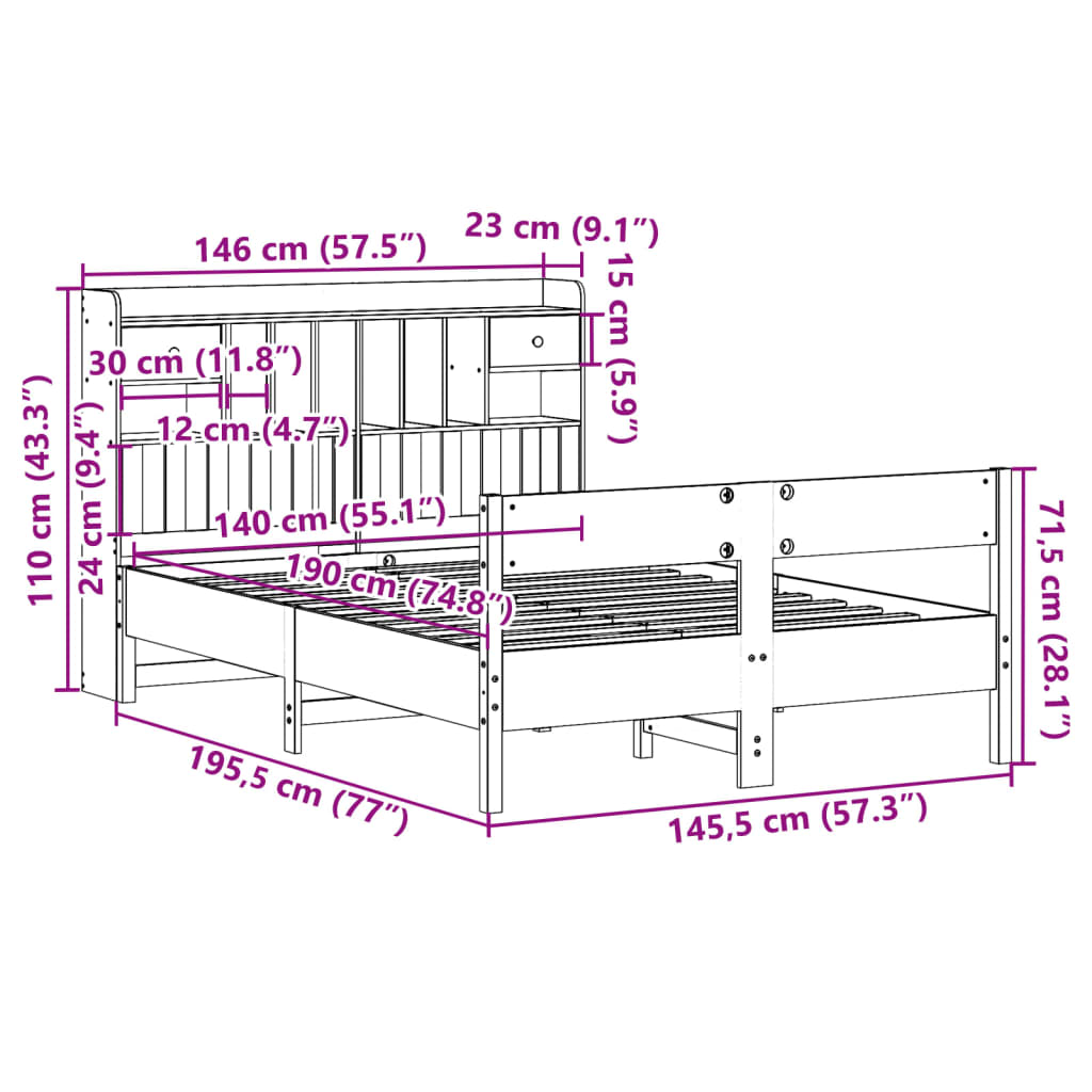 Bed met boekenkast zonder matras massief grenenhout 140x190 cm is nu te koop bij PeponiXL, paradijselijk wonen!