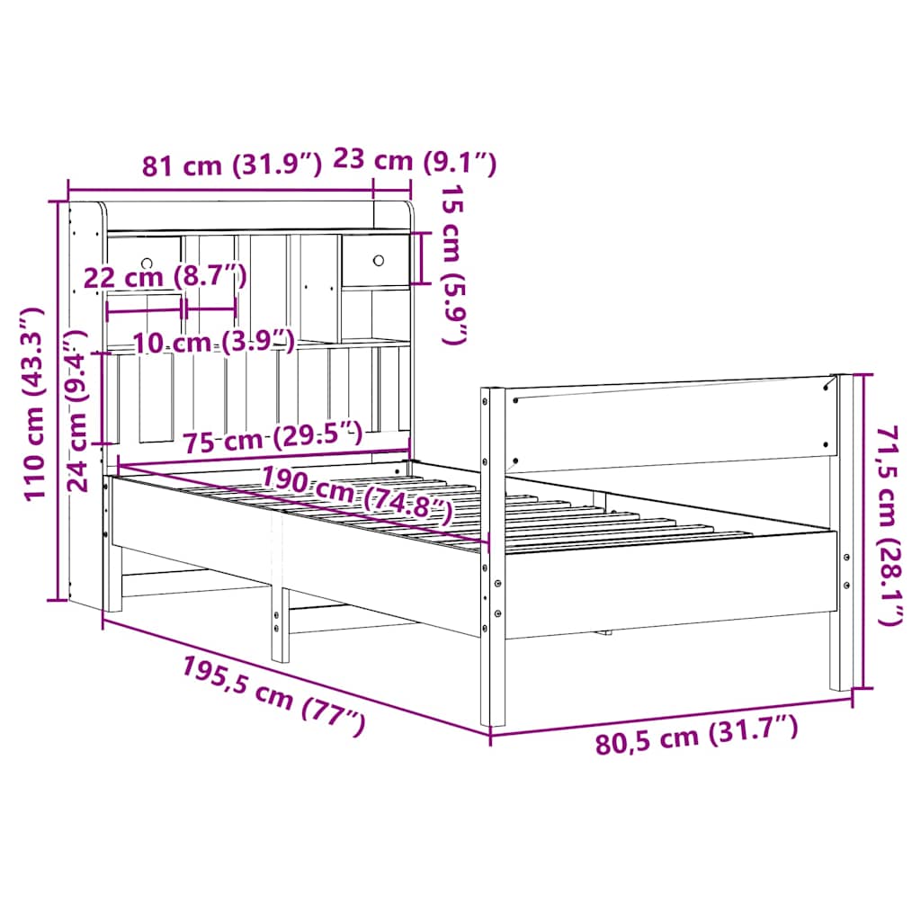 Bed met boekenkast zonder matras massief grenenhout 75x190 cm is nu te koop bij PeponiXL, paradijselijk wonen!