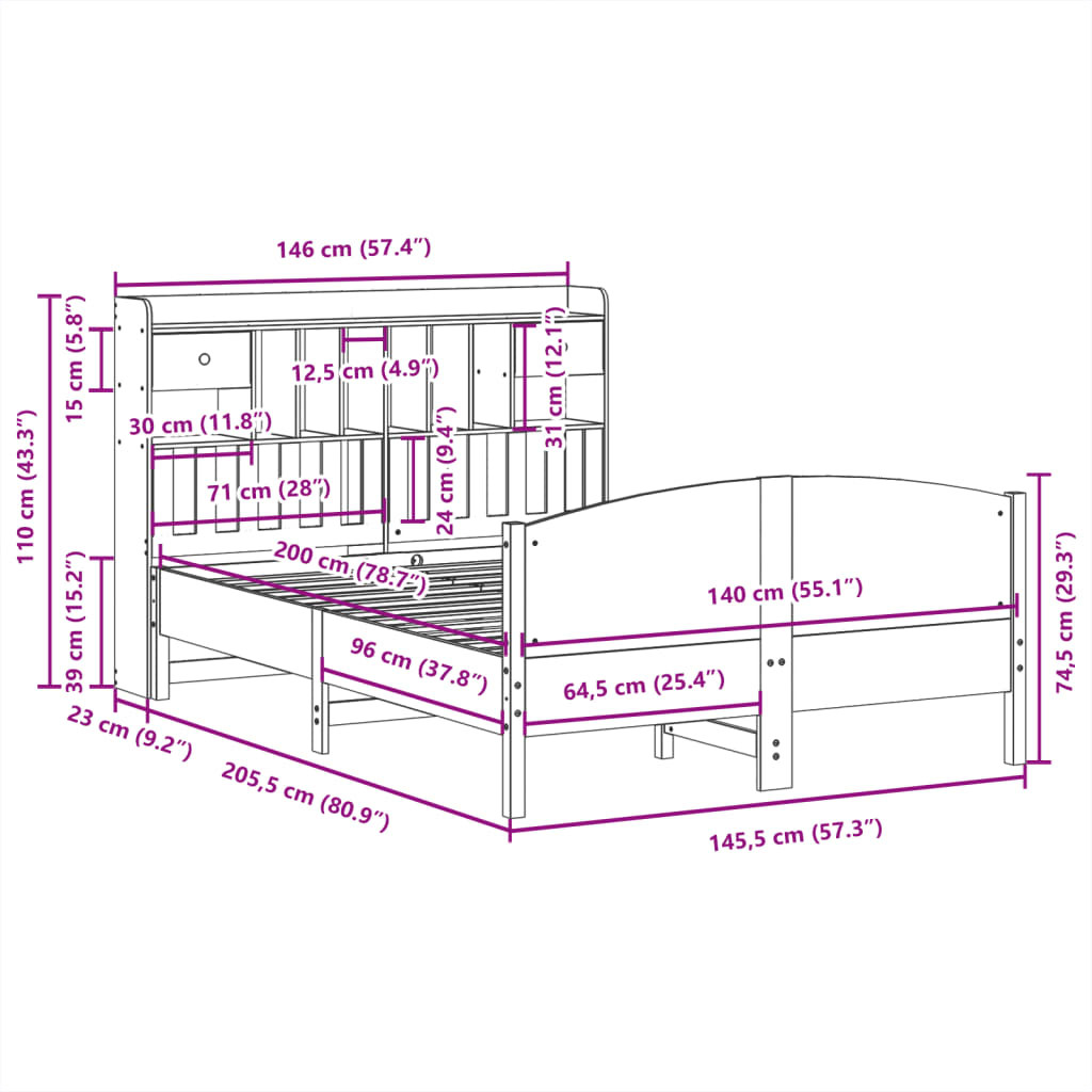 Bed met boekenkast zonder matras massief grenenhout 140x200 cm is nu te koop bij PeponiXL, paradijselijk wonen!