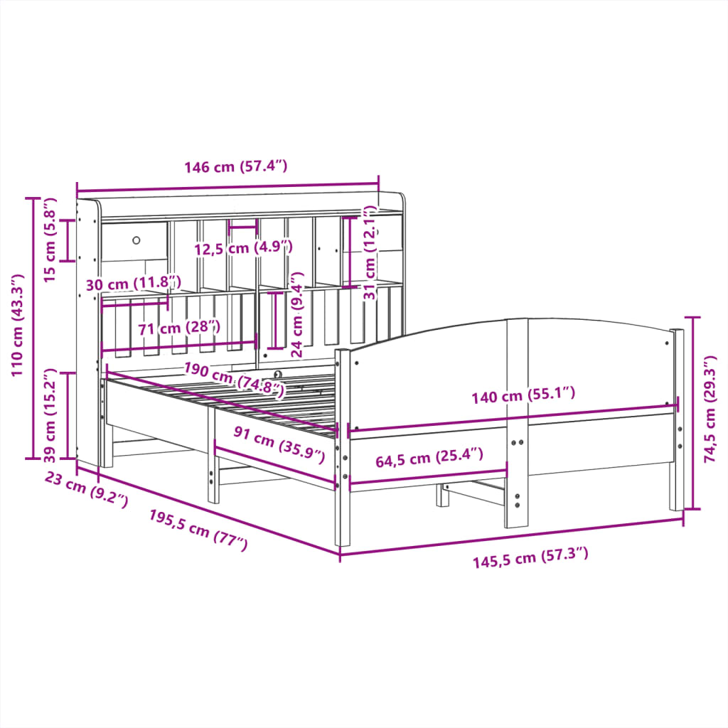 Bed met boekenkast zonder matras grenenhout wit 140x190 cm is nu te koop bij PeponiXL, paradijselijk wonen!
