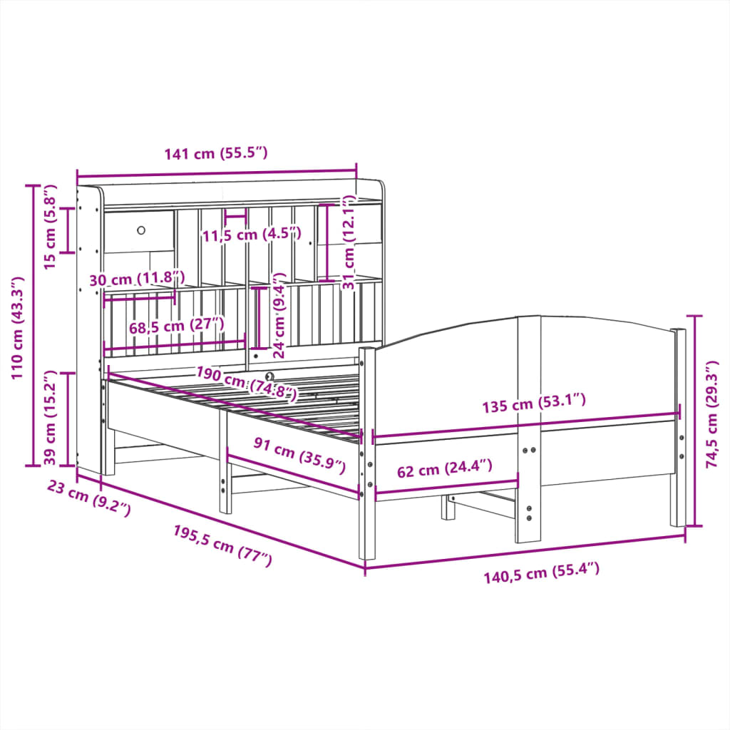 Bed met boekenkast zonder matras grenenhout wit 135x190 cm is nu te koop bij PeponiXL, paradijselijk wonen!