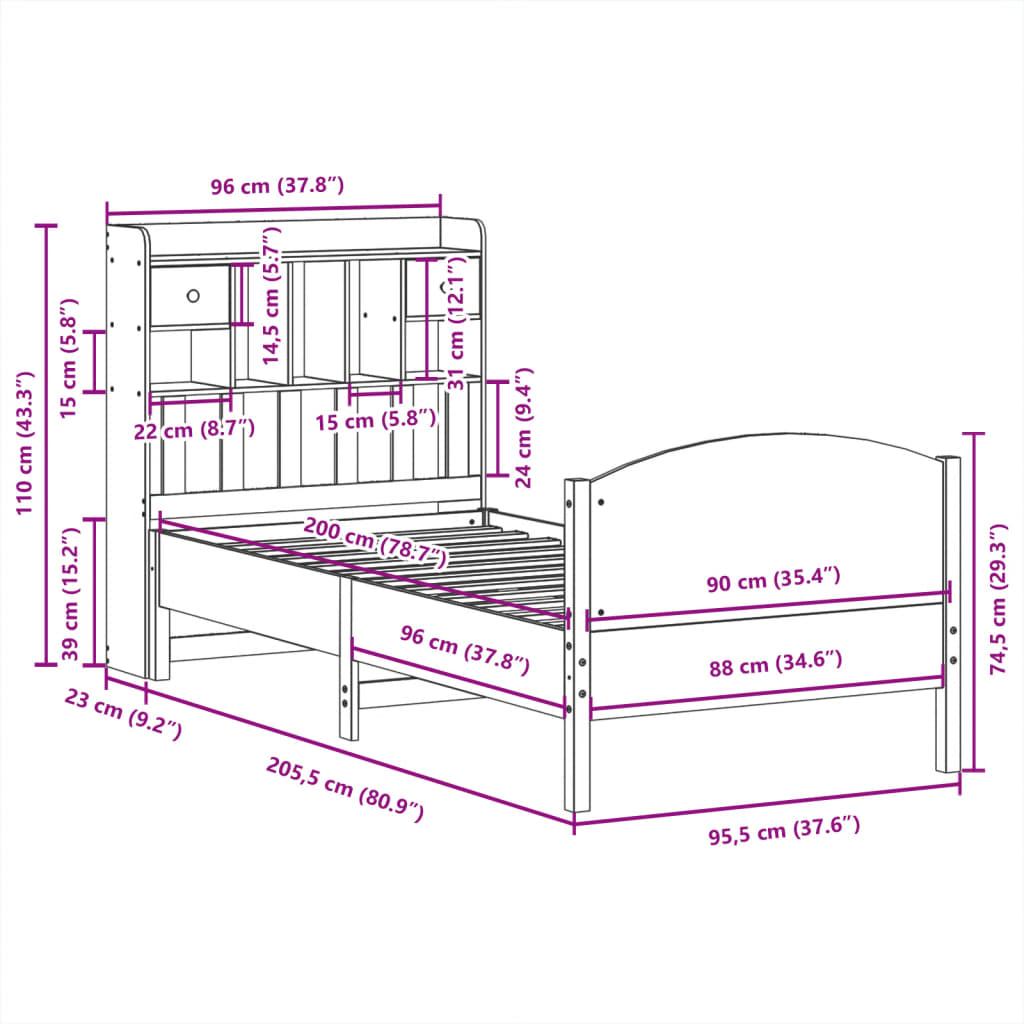 Bed met boekenkast zonder matras grenenhout wit 90x200 cm is nu te koop bij PeponiXL, paradijselijk wonen!