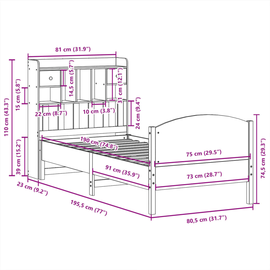 Bed met boekenkast zonder matras grenenhout wit 75x190 cm is nu te koop bij PeponiXL, paradijselijk wonen!