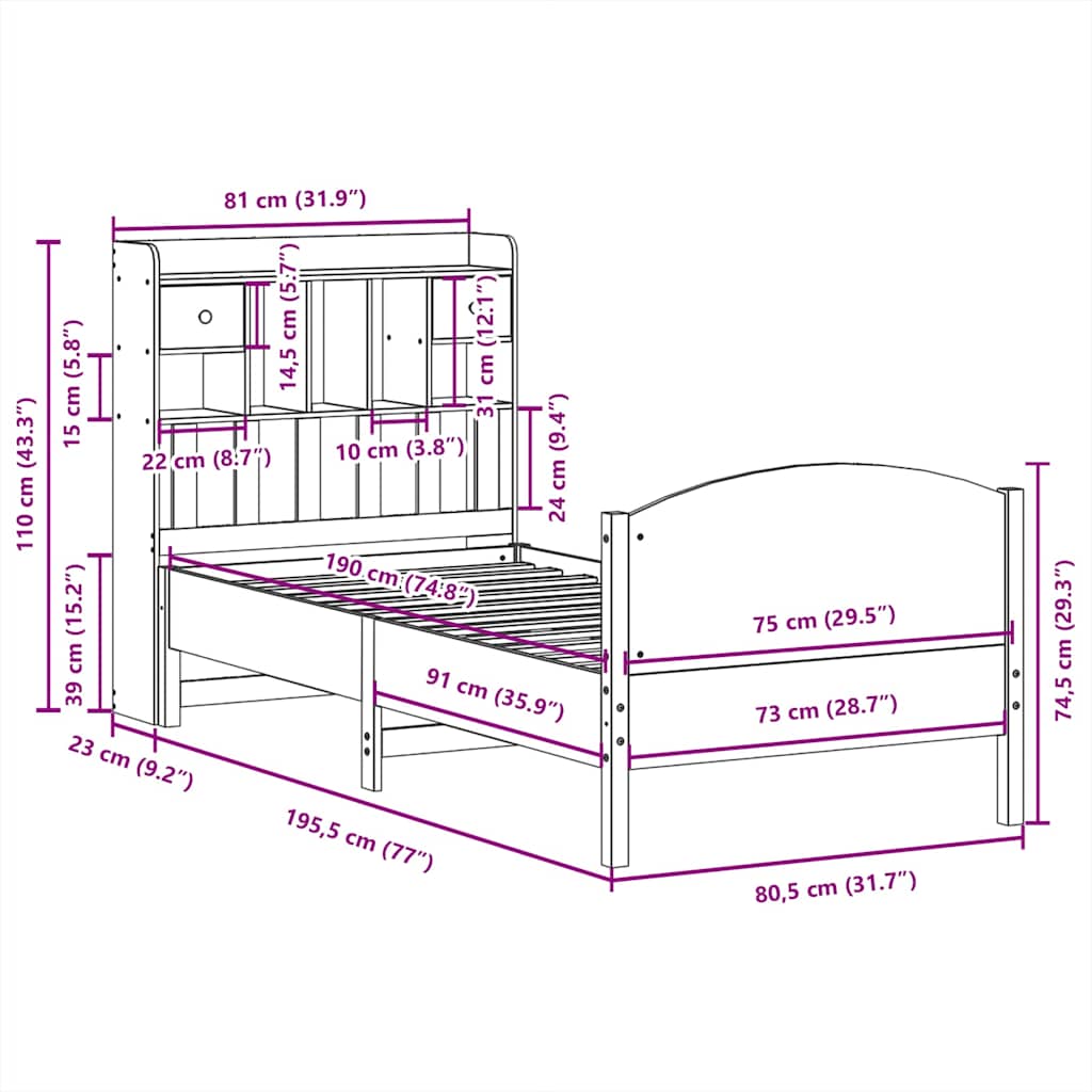 Bed met boekenkast zonder matras grenenhout wasbruin 75x190 cm is nu te koop bij PeponiXL, paradijselijk wonen!
